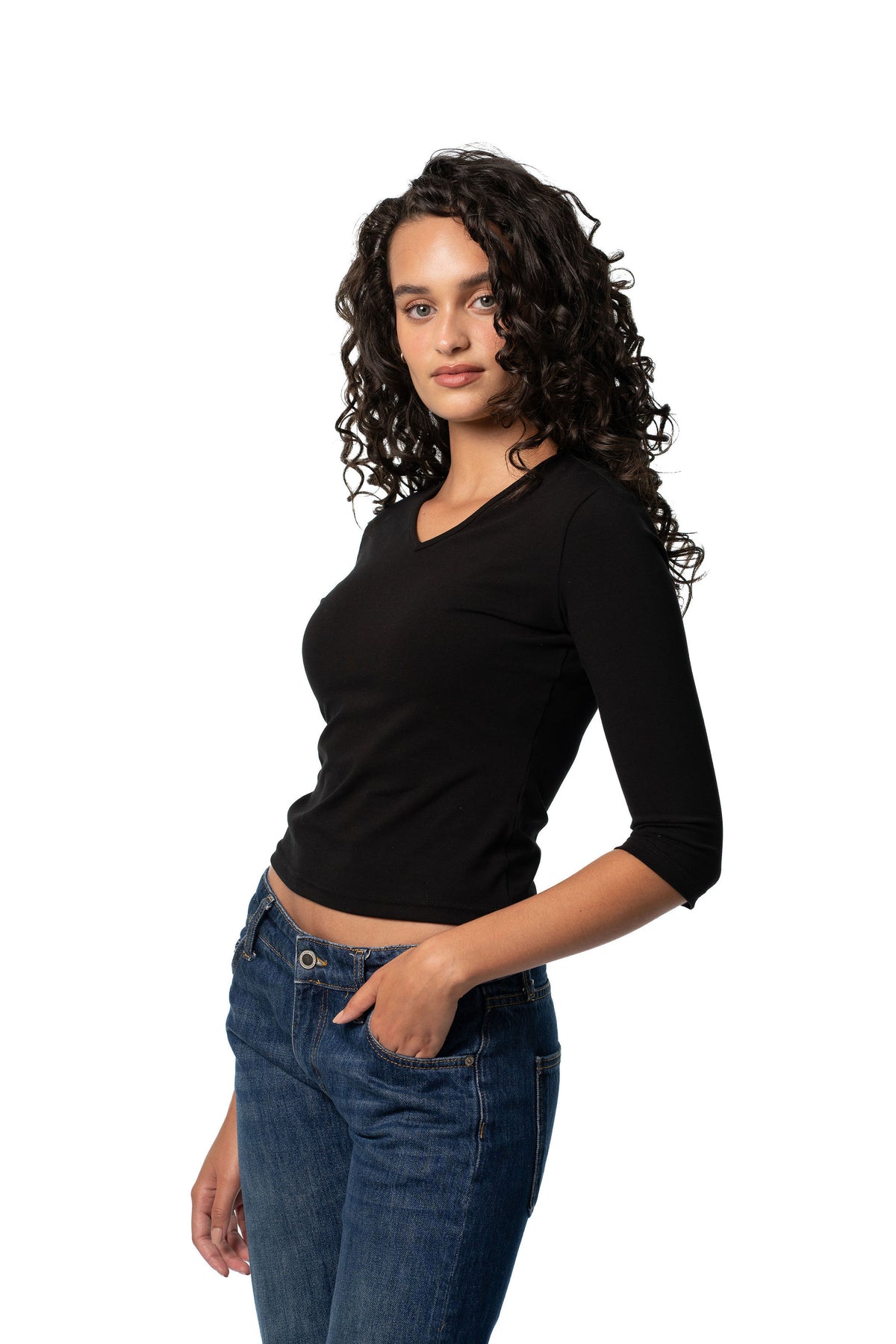 SABRINA V NECK TOP - BLACK